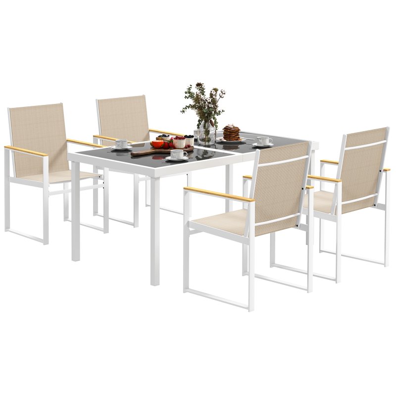 Outsunny 5 Piece Garden Table and Chairs, Outdoor Dining Set with Tempered Glass Table Top, 4 Armchairs with High Backrest, 4 Seater Garden Furniture Set for Deck, Balcony