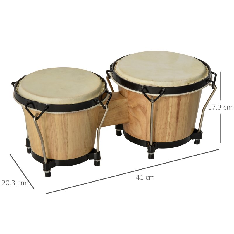 HOMCOM Wooden Bongo Drum Set ??7.75" & ??7" w/ Drum Head, Percussion Instrument, Drums, Tuning Wrench For Adults Beginners