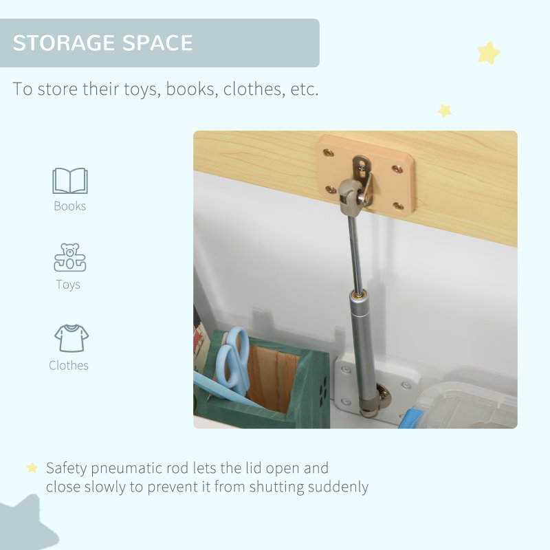 HOMCOM 2 In 1 Wooden Toy Box, Kids Seat Bench Storage Chest Cabinet Organiser w/ Safety Pneumatic Rod, 60 x 30 x 50cm - White