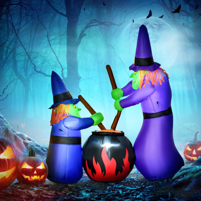 HOMCOM 1.8m Inflatable Halloween Lawn Decoration with LED Witches Around A Black Cauldron Outdoor Air Blown Holiday Decor