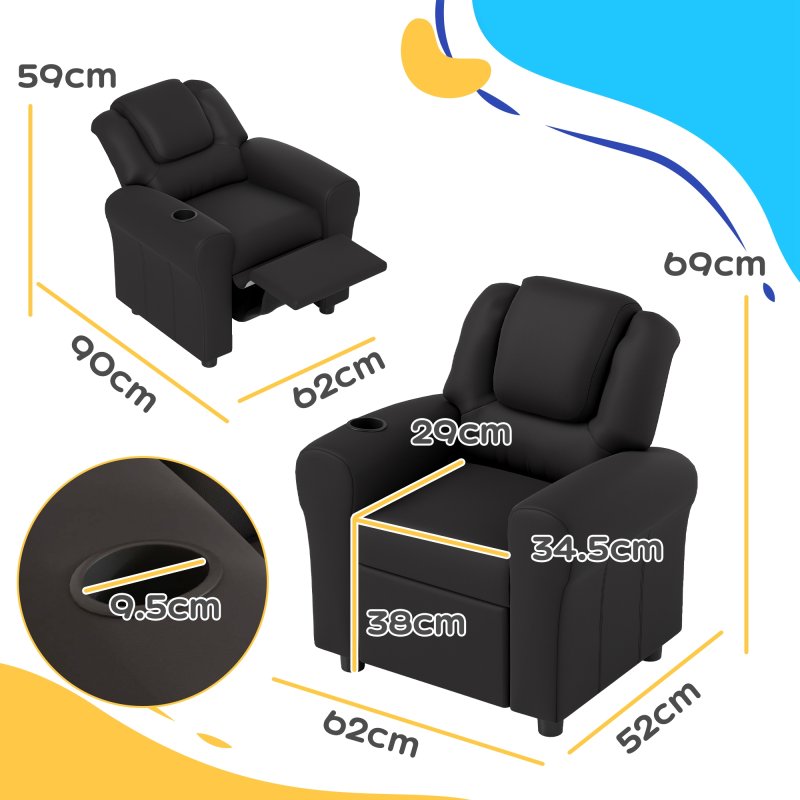 HOMCOM Kids Recliner, PU Leather Kids Armchair, Child Chair, Toddler Armchair with Adjustable Backrest, Footrest, Padded Headrest, Cup Holder, Black