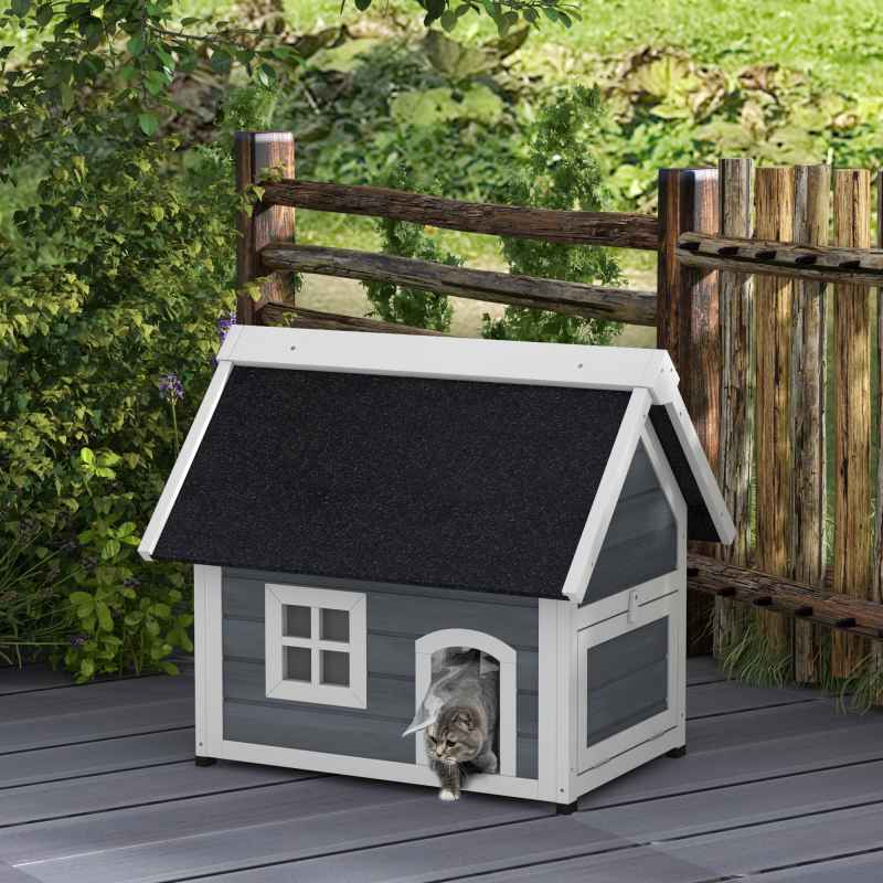 PawHut Outdoor Cat House, Wooden Feral Cat Shelter, Water-Resistant Hide Home with Openable Asphalt Roof, Three Doors, 77 x 57.5 x 68cm - Grey