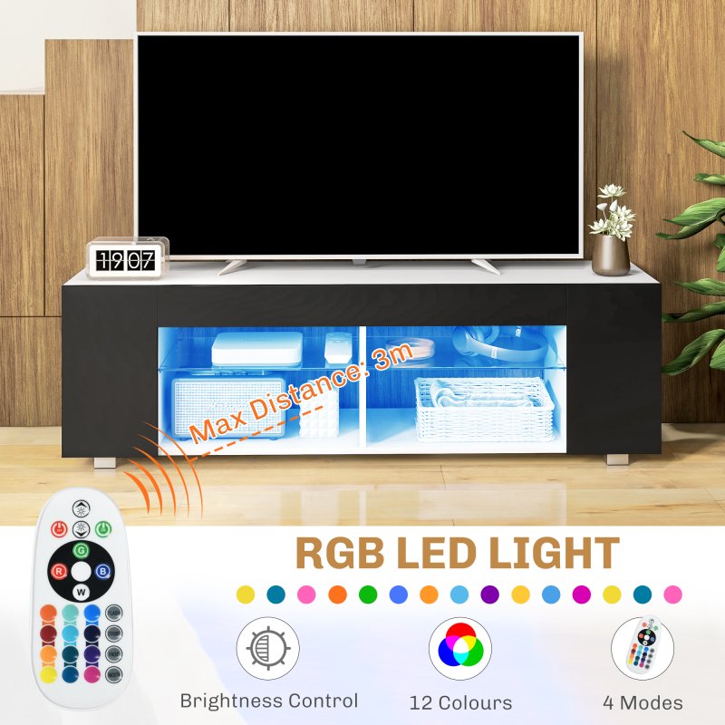 HOMCOM 145cm TV Unit with Glass Shelves and LED Light, Modern TV Stand Cabinet for Living Room, Entertainment Unit for 60 inch 4k TV