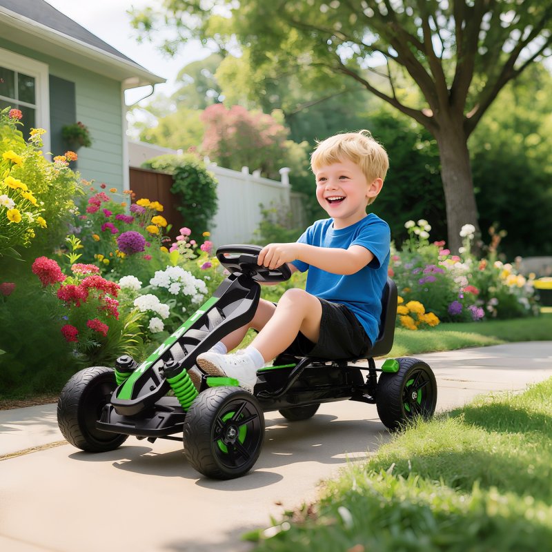 AIYAPLAY Pedal Go Kart, Ride on Racer with Freewheel System, Brake, Non-Slip EVA Wheels, Metal Frame, Go Kart for Kids Ages 3-6 Years, Green