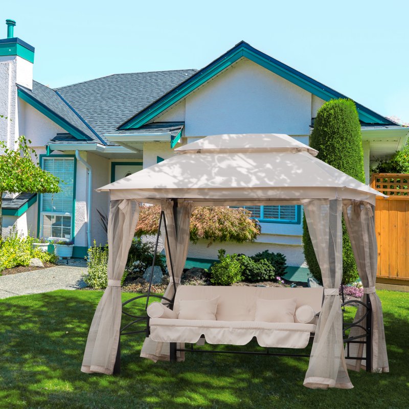 Outsunny 3 Seater Convertible Swing Chair, Outdoor Gazebo Swing Seat Bed with Double Tier Canopy, Cushioned Seat, Mesh Sidewalls and Curtains, Beige
