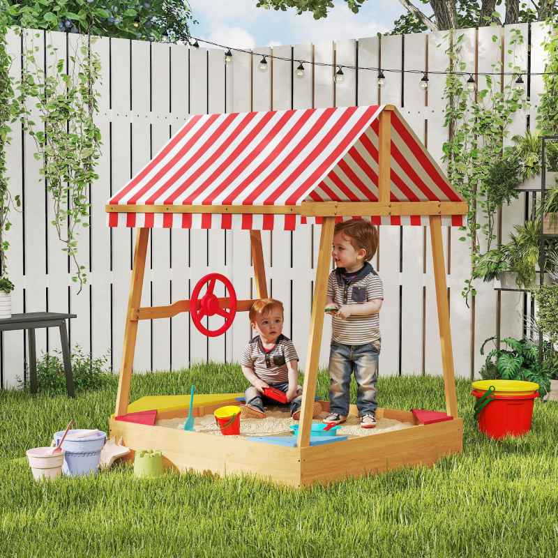 AIYAPLAY Wooden Kids Sandpit, Boat Sandbox with Canopy, Seats, Rudder & Non-woven Fabric Bottom Liner, Outdoor Sand Pit for Children 3-8 Years, for Garden, Grass, Beach, Yellow