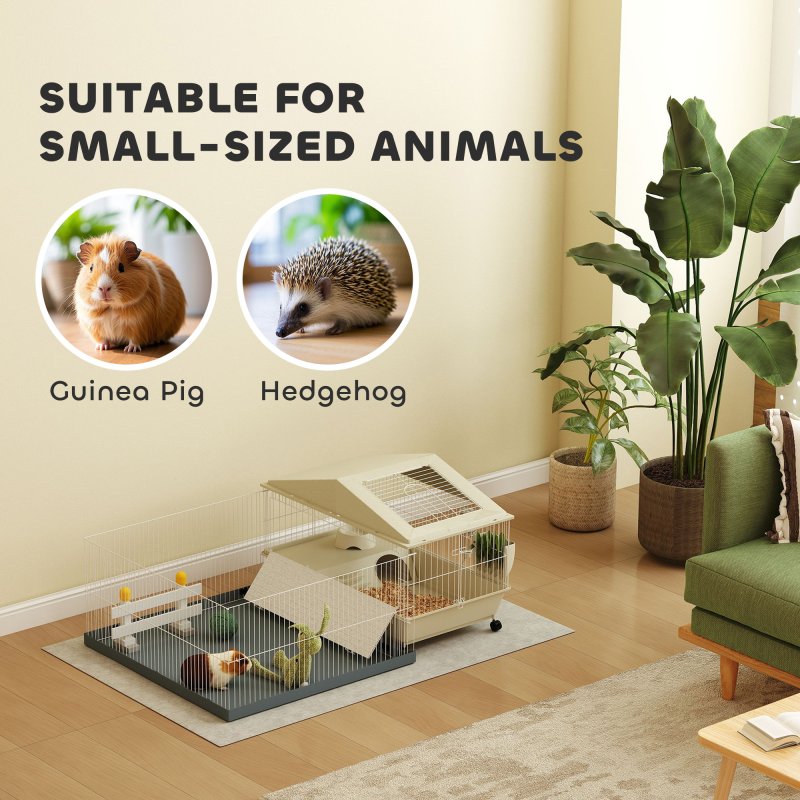 PawHut Guinea Pig Cage with Removable Pet Playpen, Waterproof Pad, Hay Feeder, Water Bottle, Food Dish, Hideaway, Balcony, Soft-Covered Ramp, Wheels, Small Animal Cage for Guinea Pig, Hedgehog