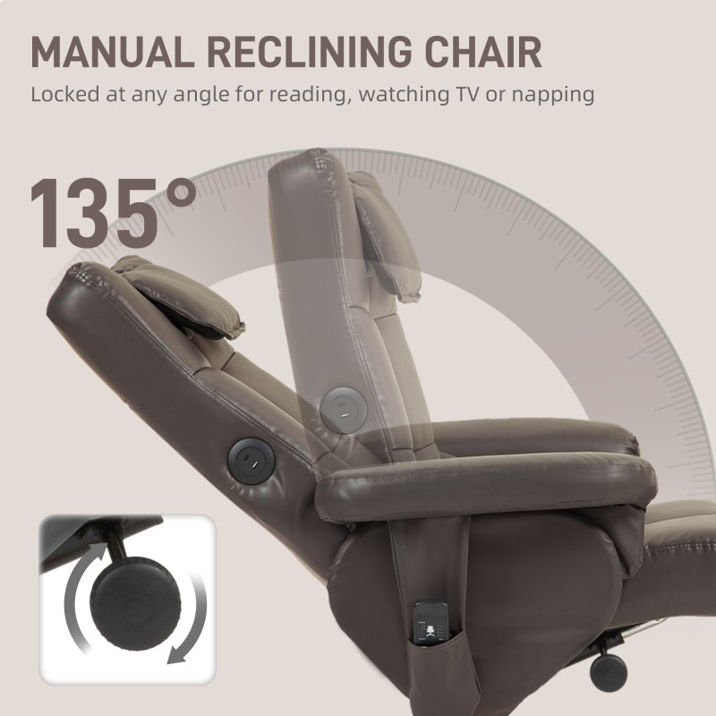 HOMCOM Massage Recliner Chair, PU Leather Upholstered Armchair with Adjustable Backrest,  Footrest, Remote Control, Hidden Storage and Charger for Living Room, Bedroom, Dark Brown