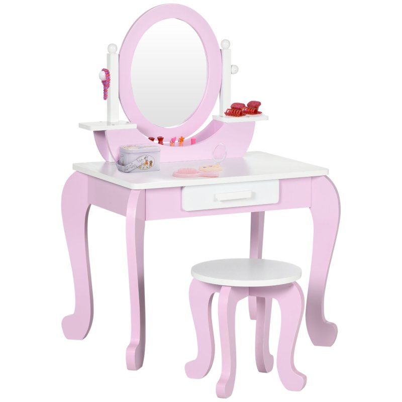 ZONEKIZ Kids Dressing Table, Kids Vanity Set, Girl Makeup Desk w/ Mirror, Stool, Drawer, for Ages 3-6 Years - Pink