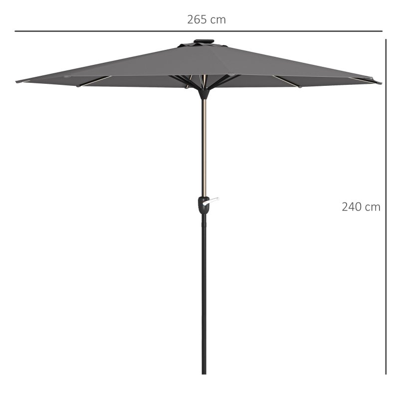 Outsunny 2.65m Garden Parasol with Lights, Solar Charged Warm Yellow LED Patio Umbrella with Crank Handle, for Balcony, Outdoor and Lawn, Charcoal Grey