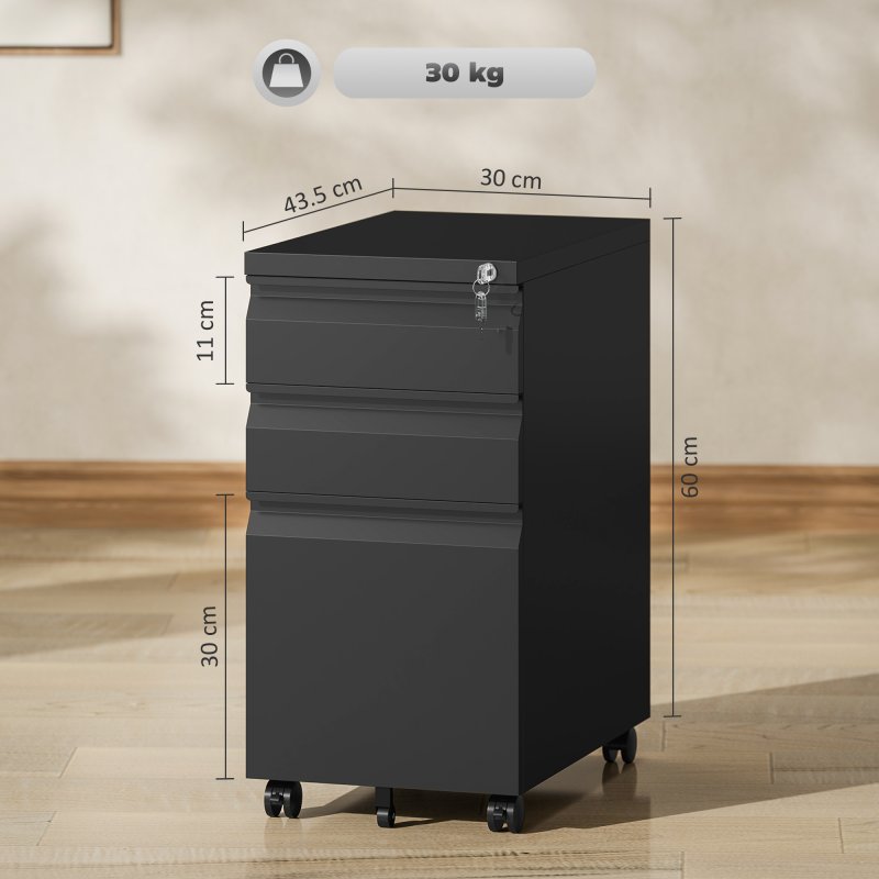 Vinsetto 3-Drawer Filing Cabinet with Lock, Mobile Steel File Cabinet for A4, Legal and Letter Size, Under Desk Drawers with Pre-Assembled Body for Home Office, 30 x 43.5 x 60 cm, Black