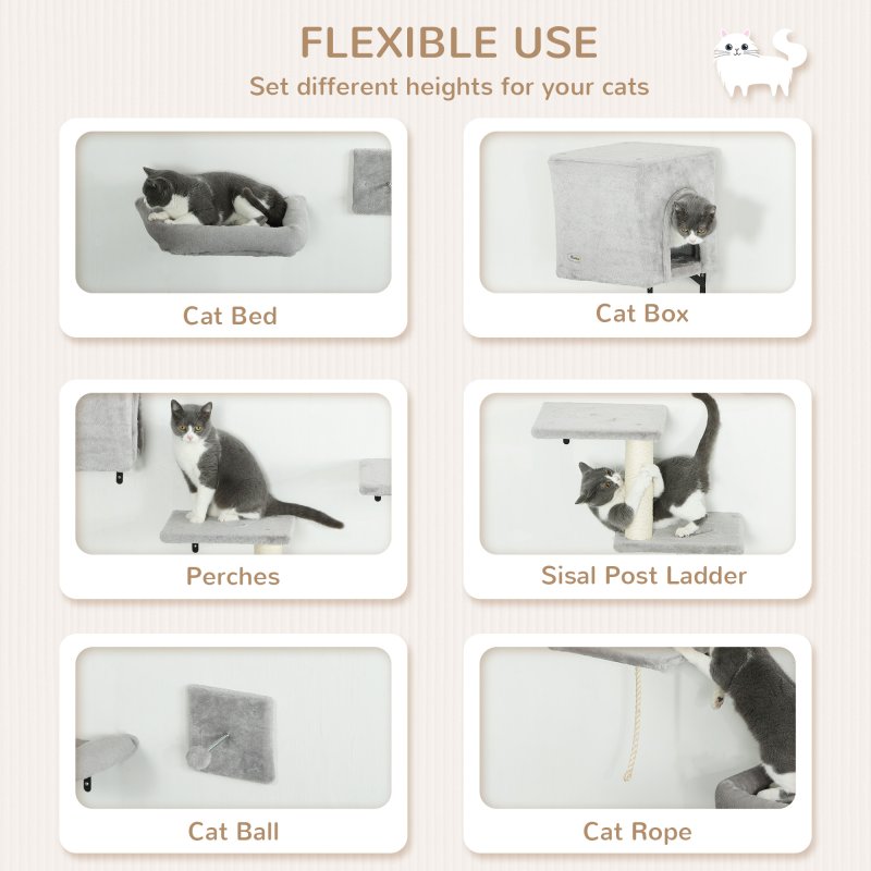 PawHut Cat Wall Shelves, 6-Piece Cat Wall Furniture Set with Condo, Platforms, Sisal Scratching Post, Bed and Toy Ball, for Climbing, Sleeping, Playing, Grey