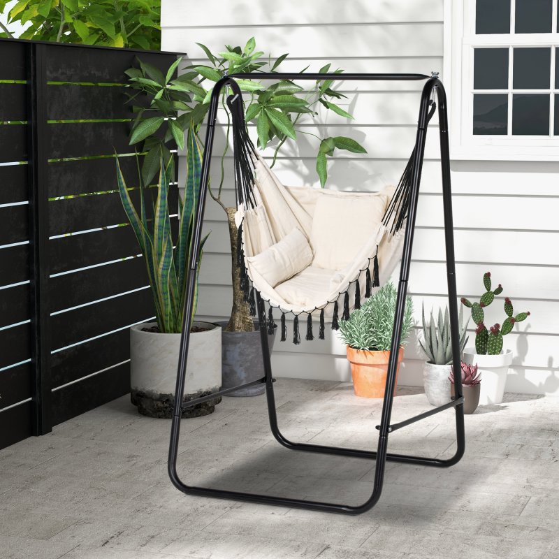 Outsunny Patio Hammock Chair with Stand, Outdoor Hammock Swing Hanging Rope Chair with Cushion, Armrest, Hooks, Cream White