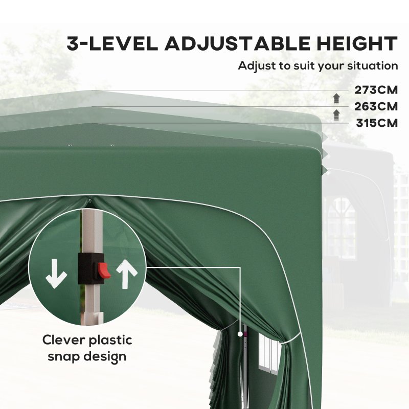 Outsunny 3 x 3(m) Pop Up Gazebo with Sides and Carry Bag, UPF50+, Height Adjustable Party Tent Instant Event Shelter for Garden, Outdoor, Patio, Dark Green