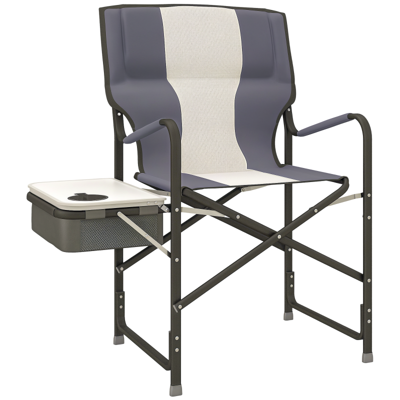 Outsunny Aluminium Directors Chair, Folding Camping Chair for Adults with Side Table, Cup Holder, Cooler Bag and Pocket, Up to 120 kg, Grey