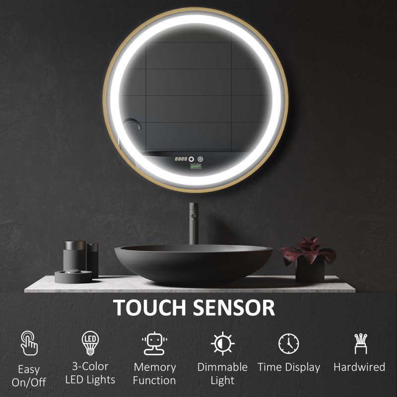 kleankin Round Bathroom LED Mirror, Dimmable Lighted Wall-Mounted Mirror with 3 Temperature Colours, Time Display, Memory Function, Hardwired, Gold