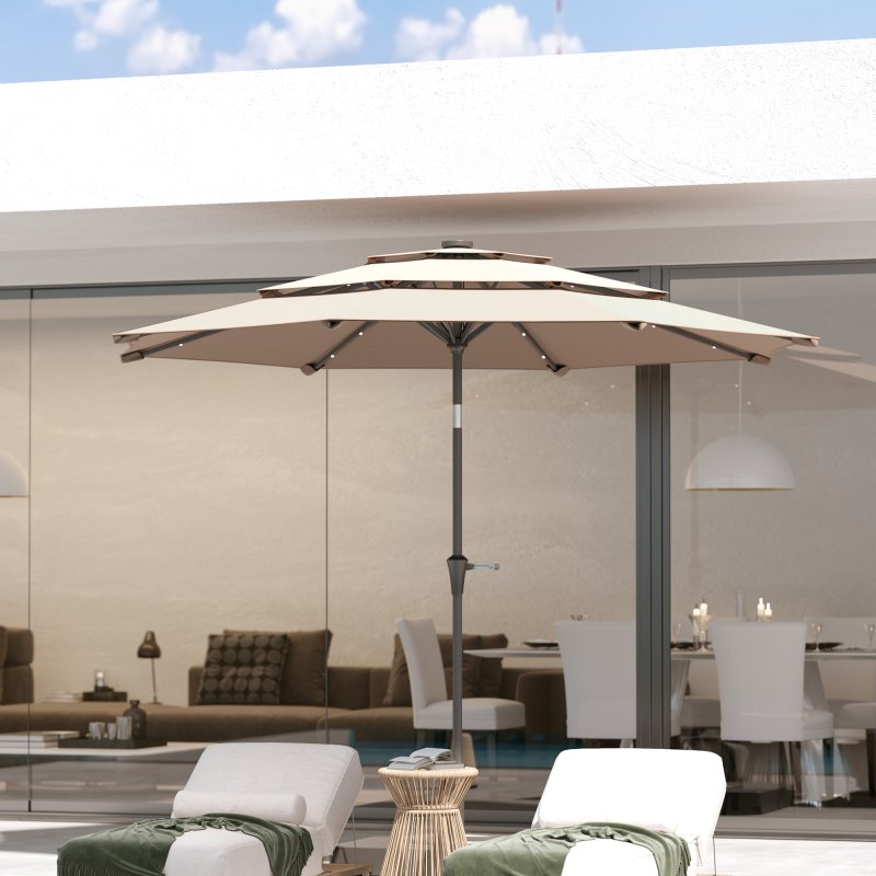 Outsunny 2.6 m Garden Parasol with Solar LED Lights, 3-Tier Patio Umbrella Outdoor with Tilt Mechanism & Crank Handle, UPF 30+, Table Umbrella for Market Terrace, Khaki
