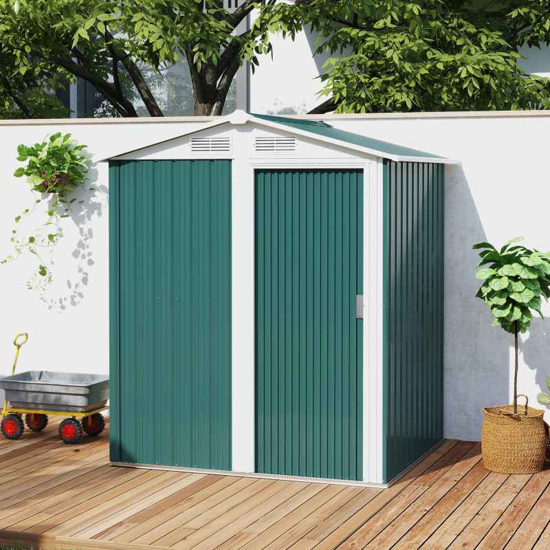 Outsunny 5ft x 4ft Garden Shed, Metal Tool Storage Shed with Sliding Door, Sloped Roof and Foundation Kit for Garden, Patio, Green