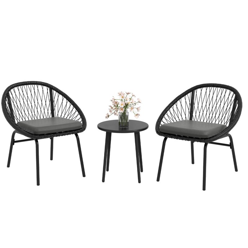 Outsunny 3 Pieces Rattan Bistro Set, Wicker Garden Furniture Set with Round Metal Top Coffee Table and Chairs, Washable Cushions for Outdoor, Patio, Balcony, Black