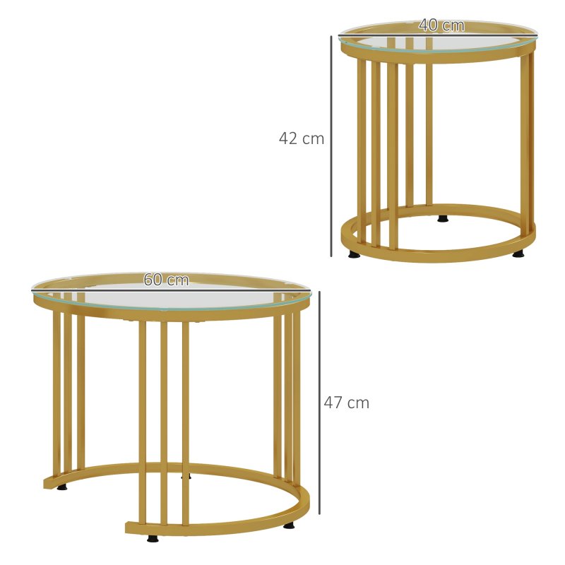 HOMCOM Nest of Tables, Round Coffee Tables Set of 2 with Tempered Glass Top and Steel Frame for Living Room, Gold Tone