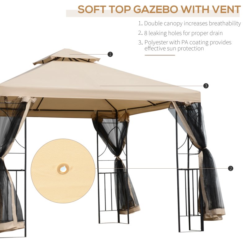 Outsunny 3 m x 3 m Garden Gazebo, Double Roof Outdoor Gazebo Canopy Shelter with Netting, Solid Steel Frame for Garden, Lawn, Backyard and Deck