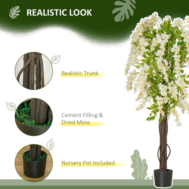 HOMCOM Artificial Realistic White Wisteria Tree Faux Decorative Plant in Nursery Pot for Indoor Outdoor D??cor, 160cm