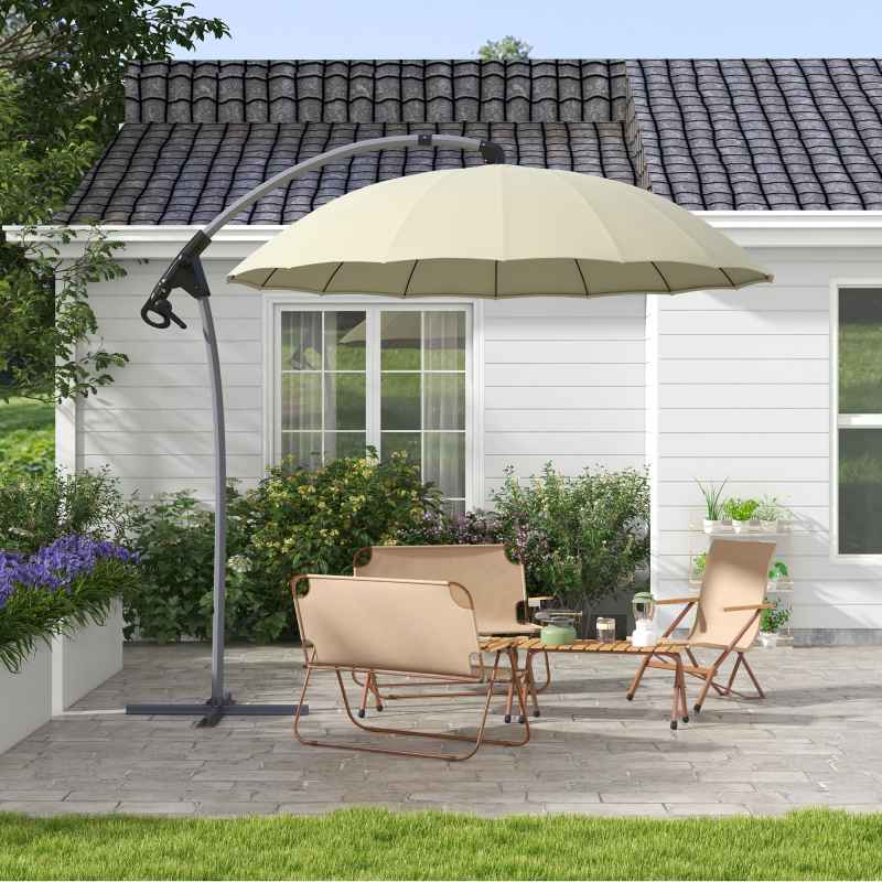 Outsunny 2.7m Cantilever Parasol with Cross Base, Banana Parasol with Crank Handle and 16 Fibreglass Ribs, Round Hanging Patio Umbrella for Outdoor Pool, Garden, Balcony, Beige