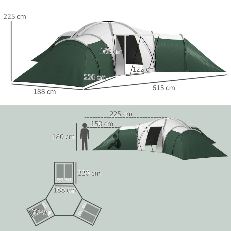 Outsunny 6-9 Man Large Tunnel Tent with 3 Bedroom, Living Area and Porch, 2000mm Waterproof Camping Tent, Portable with Bag, for Fishing Hiking Festival, Green