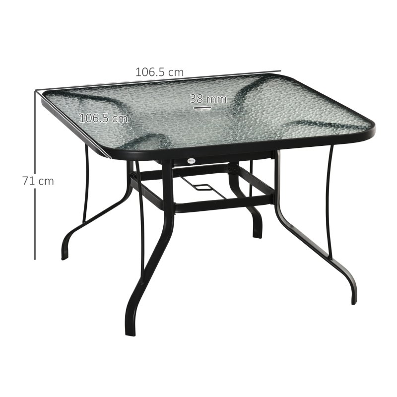Outsunny 106.5cm Square Garden Table with Tempered Glass Top, Outdoor Patio Dining Table with Parasol Hole, Steel Frame for Garden, Lawn, Patio, Black
