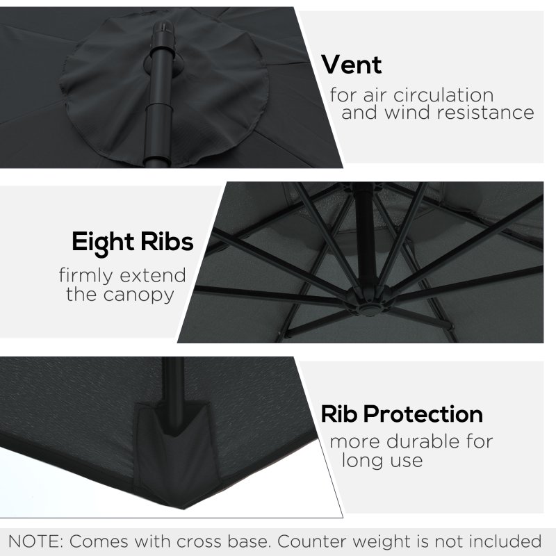 Outsunny 3(m) Garden Banana Parasol Hanging Cantilever Umbrella with Crank Handle, 8 Ribs and Cross Base for Outdoor, Sun Shade, Black