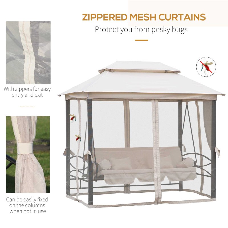 Outsunny 3 Seater Convertible Swing Chair, Outdoor Gazebo Swing Seat Bed with Double Tier Canopy, Cushioned Seat, Mesh Sidewalls and Curtains, Beige