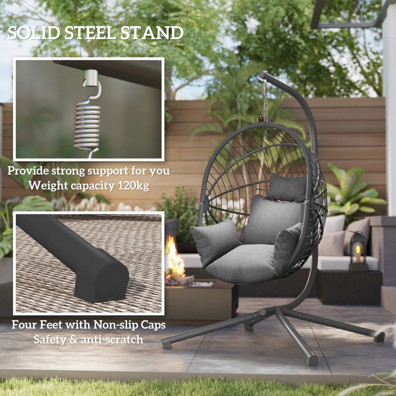 Outsunny Outdoor Swing Chair with Thick Padded Cushion, Patio Hanging Chair with Metal Stand, Foldable Basket Egg Chair with Cup Holder, Rope Structure, for Indoor and Outdoor, Grey