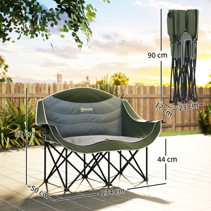 Outsunny Double Camping Chair for Adults, Oversized Heavy Duty Padded Folding Chair with Armrests, Cup Holders and Carry Bag for Outdoor Camping Hiking Picnic Fishing, 250kg Capacity, Green