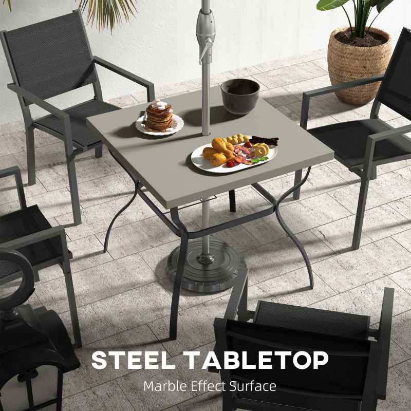 Outsunny 80cm Square Garden Dining Table with Umbrella Hole, Outdoor Dining Table with Marble Effect Top for 4 People, Black/Grey