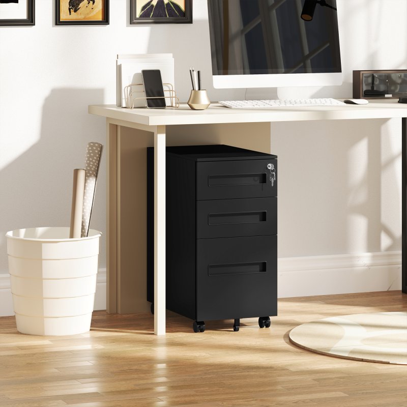 Vinsetto Metal Mobile File Cabinet with Wheels, Lockable 3 Drawer Filing Cabinet for A4, Legal, Letter, Compact Under Desk Storage Unit with Pre-Assembled Body for Home Office, 30 x 43.5 x 60cm, Black