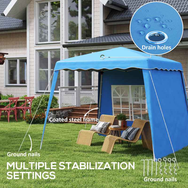 Outsunny 2.4 x 2.4m Pop Up Gazebo Canopy Tent with 2 Sidewalls and Carry Bag, Height Adjustable, UV50+ Party Tent Event Shelter for Garden, Patio, Blue