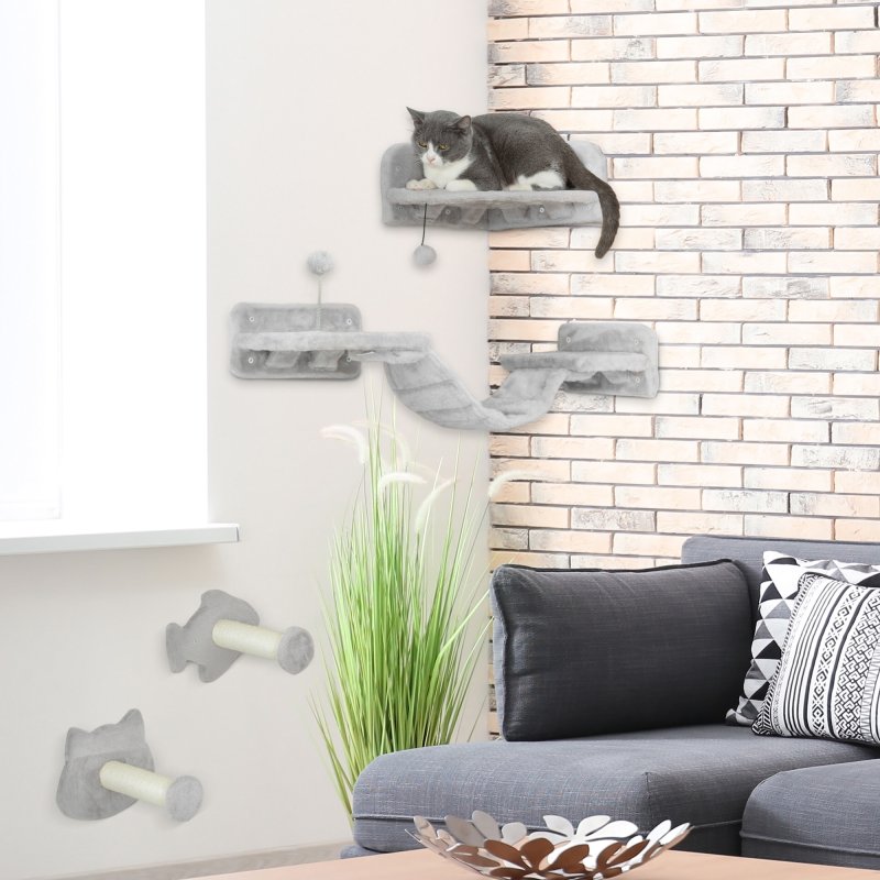 PawHut Cat Wall Shelves, 4 Piece Wall-Mounted Cat Tree with Steps, Ladder, Jumping Platforms, Scratching Posts, Toy Ball, Cat Wall Furniture for Indoor Cats, Light Grey