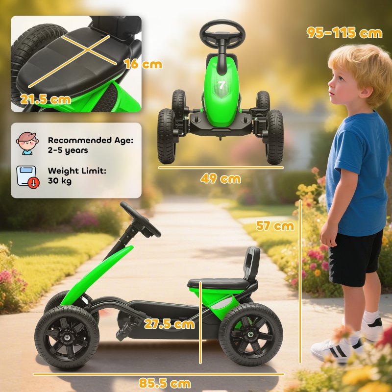 AIYAPLAY Pedal Go Kart for Kids, Children Ride-On Race Car with Silent EVA Tyres, for 2-5 Years, Green