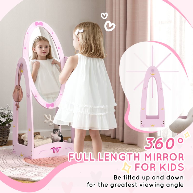 AIYAPLAY Kids Mirror Full Length with Storage Shelf, 360?? Rotating Standing Mirror for Bedroom, Kids Room, Nursery Room, Pink