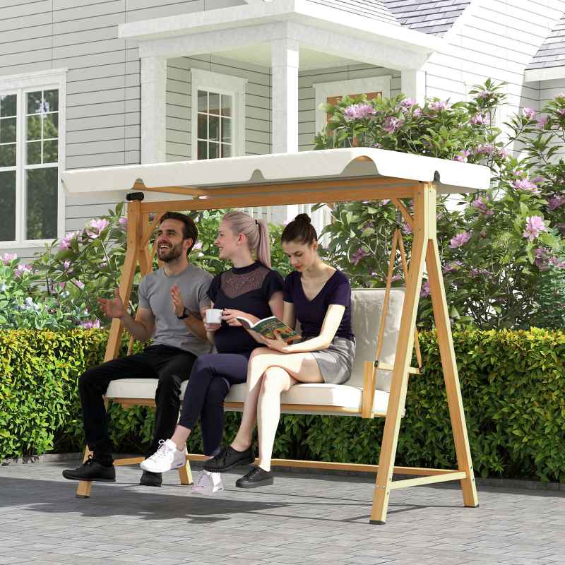 Outsunny 3 Seater Garden Swing Seat with UPF30+ Adjustable Canopy, Swing Chair with Cushion, Outdoor Hammock Bench for Balcony Patio, Beige