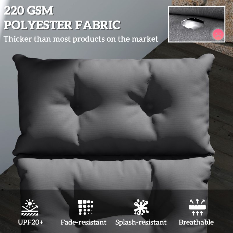 Outsunny Sun Lounger Cushions Only, 190x56x10cm Garden Lounge Chair Cushions, UPF20+ 220gsm Fabric, Thick Sunbed Replacement Pads with 6 Ties, Dark Grey
