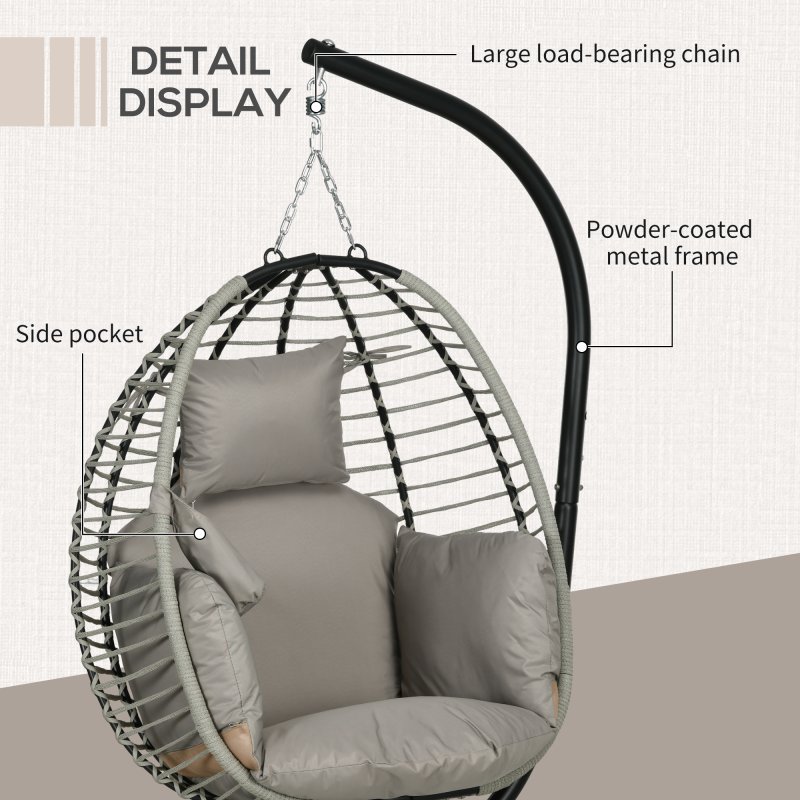 Outsunny Outdoor Swing Chair with Thick Padded Cushion, Patio Hanging Egg Chair with Metal Stand, Foldable Basket, Cup Holder, Rope Structure for Indoor & Outdoor, Grey