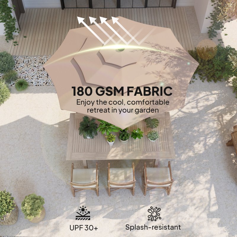 Outsunny 2.6 m Garden Parasol with Solar LED Lights, 3-Tier Patio Umbrella Outdoor with Tilt Mechanism & Crank Handle, UPF 30+, Table Umbrella for Market Terrace, Khaki
