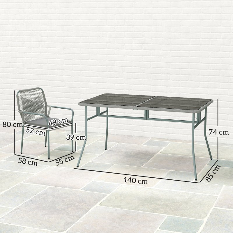 Outsunny 5 Piece Wicker Garden Dining Set, PE Rattan Garden Furniture Set with 4 Stackable Chairs, Tempered Glass Top Table and Cushions, Outdoor Table and Chairs for Patio, Conservatory, Light Grey