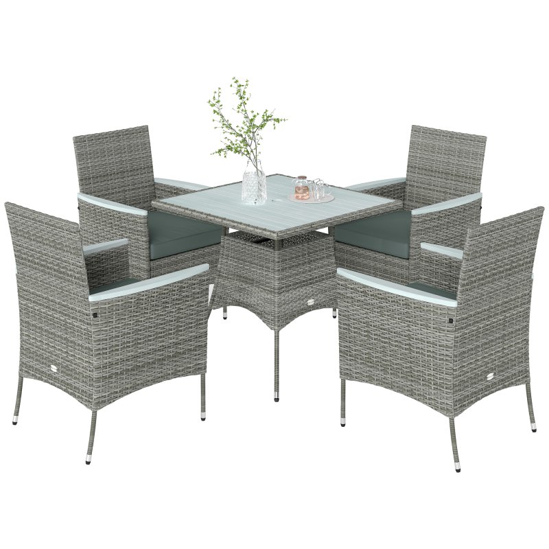 Outsunny Rattan Dining Set, 4 Seater Rattan Garden Furniture Set with 50mm Parasol Hole, Outdoor Garden Table and Chairs with Cushions, Slatted Wood Tabletop for Patio, Conservatory, Grey