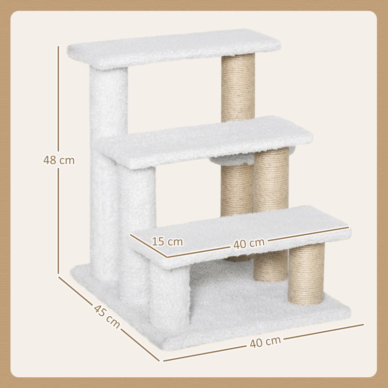 PawHut Pet Stair, Cat Tree with 3-step Climb Ladder, Scratching Posts, Platforms, Toy Ball, for Indoor Elderly Cats Kittens, White