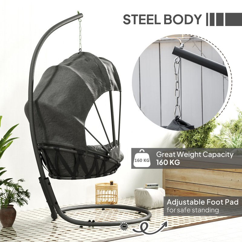 Outsunny Hanging Egg Chair with Cushion and Retractable Canopy, Swing Hammock Chair with Adjustable Metal Stand, for Indoor and Outdoor, Grey
