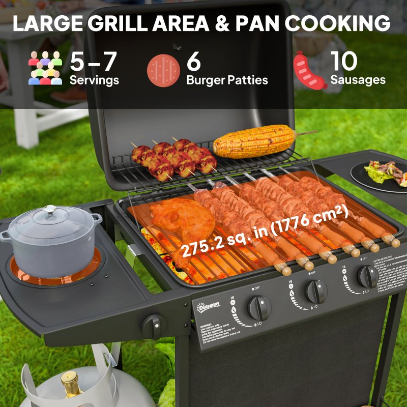 Outsunny 3+1 Burner Gas BBQ Grill with Built-in Thermometer, Lid, Portable Gas Barbecue Grill with Side Table, Shelf, Spice Rack, Wheels, Grease Cup for Garden Party Outdoor Cooking, Black
