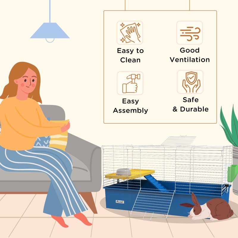 PawHut Guinea Pig Cage Chinchillas Rabbit Small Animal Cage with Ramp, Dish, Water Bottle, 99 x 52 x 53cm, Blue