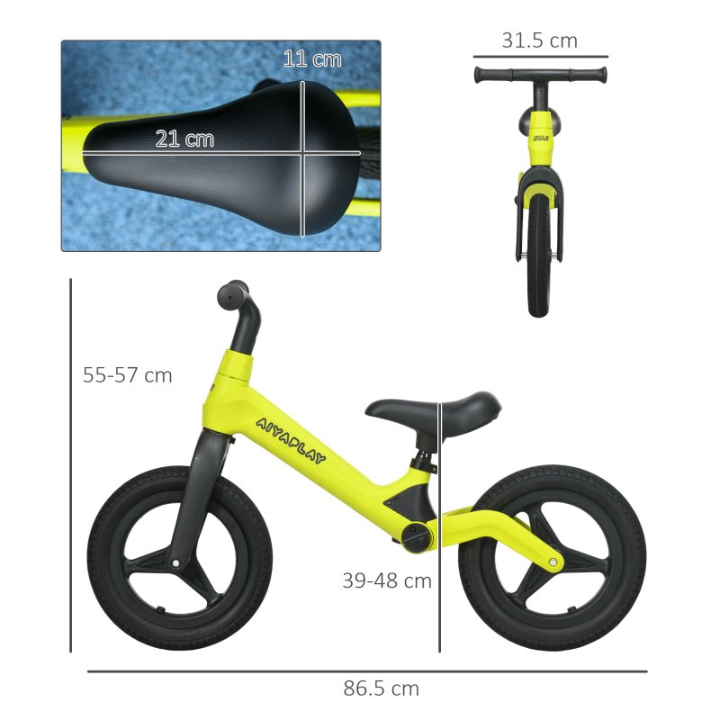 AIYAPLAY 12" Balance Bike with Adjustable Seat and Handlebar Training Bike with PU Wheels for Kids and Toddlers 2.5 to 5 Years Green